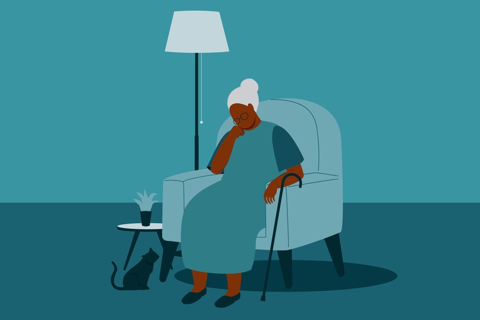 Die Grafik zeigt eine Seniorin auf dem Sofa. 