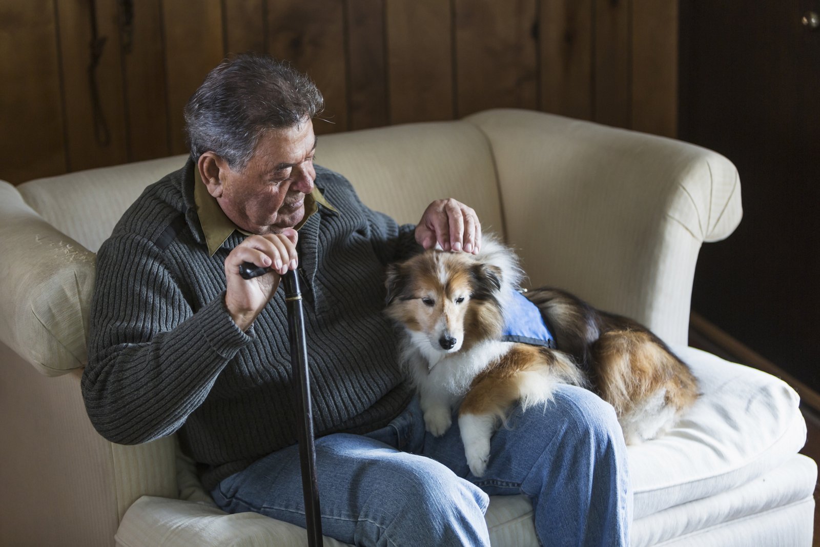 Ein Senior streichelt seinen Hund. 