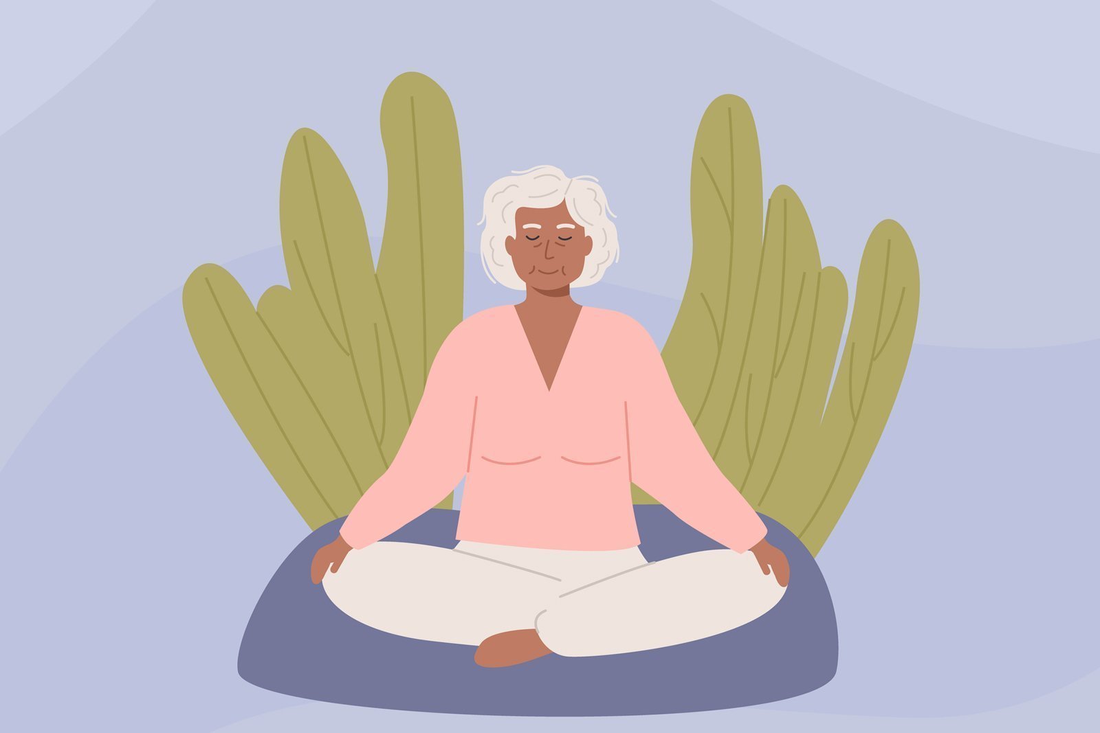 Die Grafik zeigt eine meditierende Seniorin. 