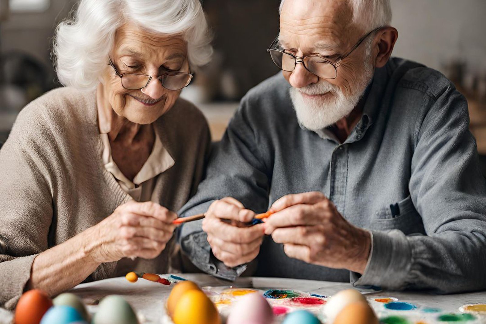 Ein Seniorenpaar färbt Ostereier. 