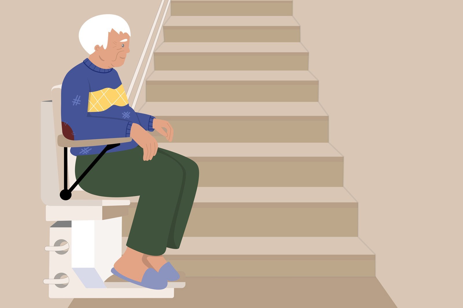 Eine Grafik zeigt einen Senior auf einem Treppenlift. 