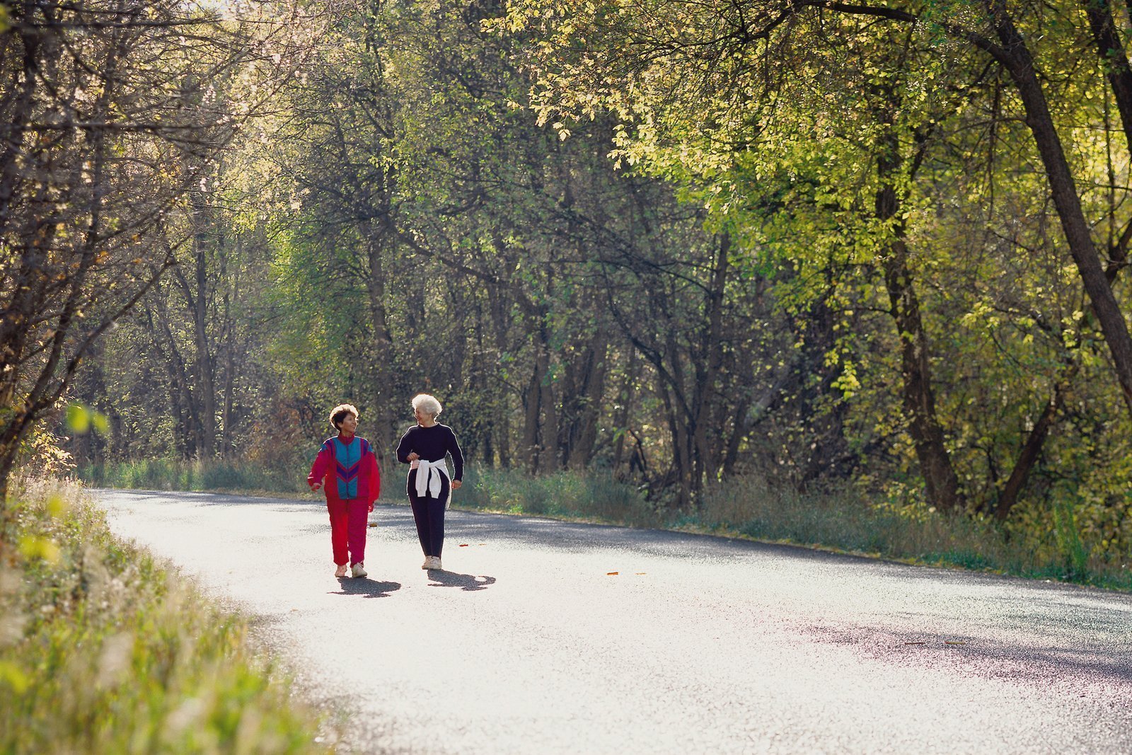 Zwei Seniorinnen laufen im Wald. 