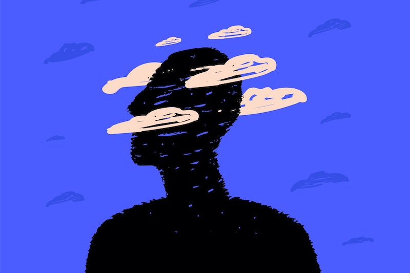 Das Bild zeigt eine Zeichnung mit einem Mann, der Wolken am Kopf hat. 
