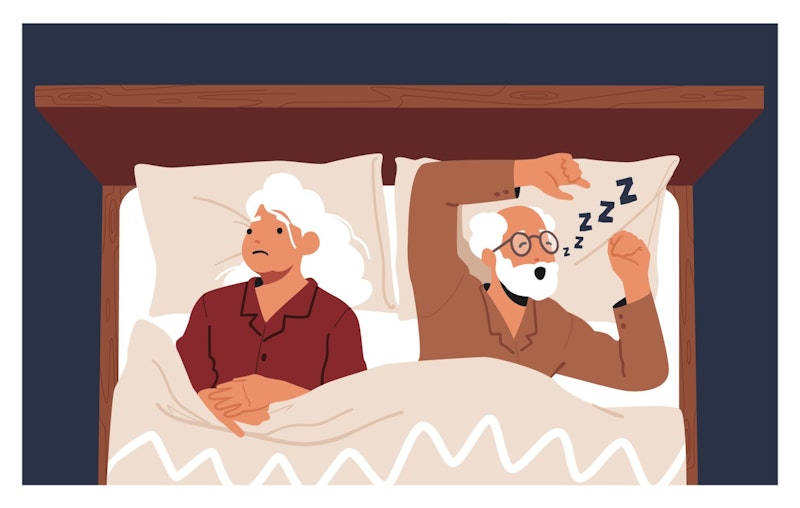 Ein Cartoon zeigt einen schnarchenden Senior und eine wachliegende Seniorin. 